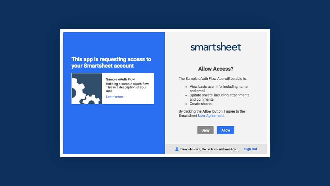 Screen capture for allowing access to Smartsheet 